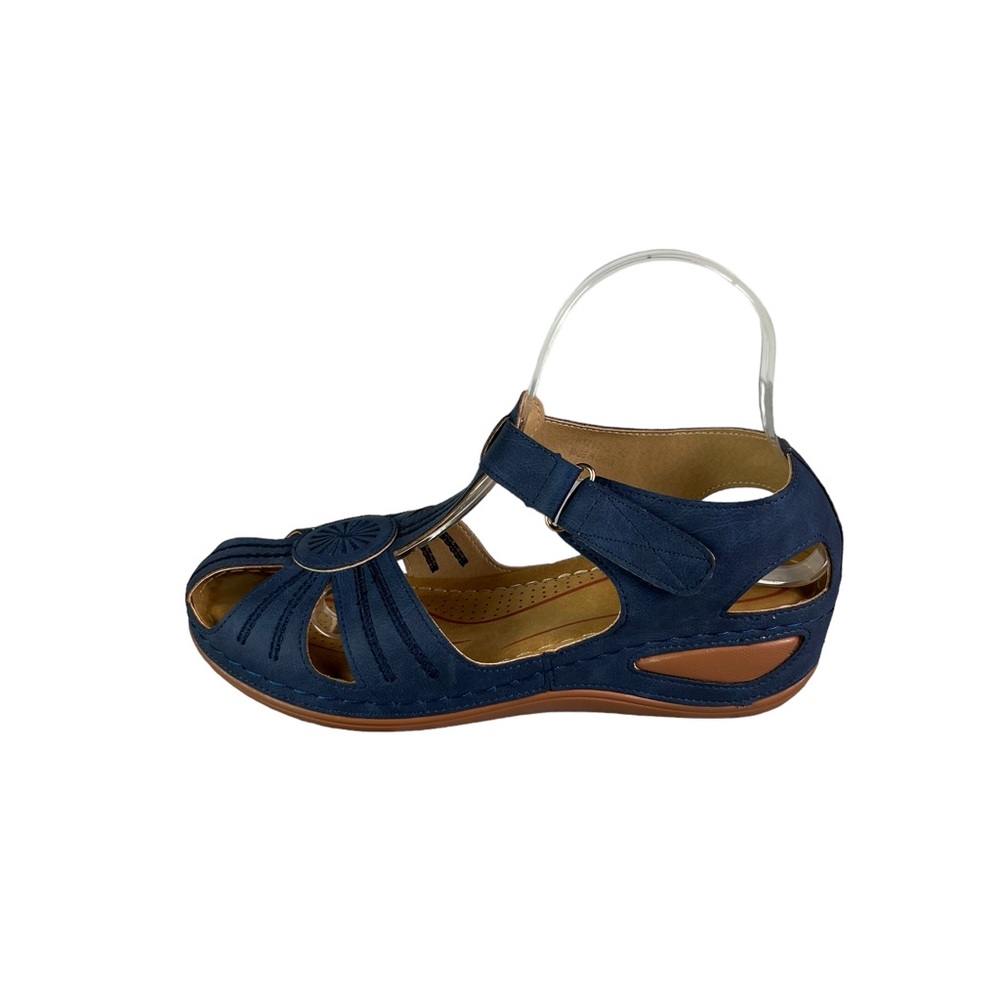 NWOT SHIBEVER Blue Faux Leather Bohemian Closed Toe Wedge Sandals